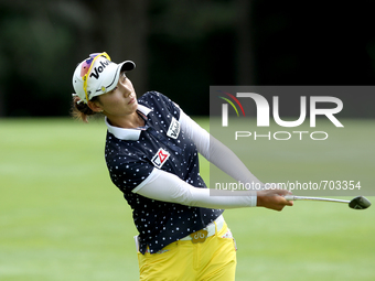 Chella Choi of South Korea watches her shot down the fairway toward the first green during the first round of the Meijer LPGA Classic golf t...