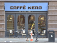 Road furniture standing outside a Cafe Nero coffee shop on Saturday 16th May 2015 in Manchester. (