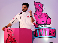 Bollywood actor & Owner of Jaipur Pink Panthers kabaddi team Abhishek Bachchan addressing the media persons during the press conference ahea...
