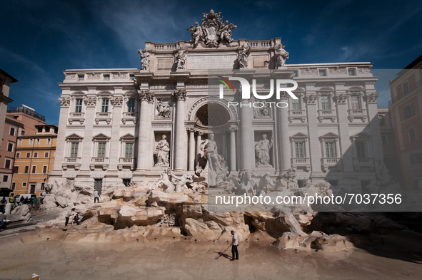 Cleaning of the Trevi Fountain on 6 September 2021 in Rome, Italy during the monthly cleaning in Rome. 