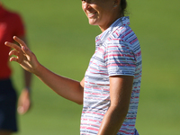 Joanna Klatten of France acknowledges the fans after sinking her putt on the 1st green during the second round of the Meijer LPGA Classic go...