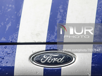 Ford logo is seen on a car mask in Krakow, Poland on August 31, 2021. (
