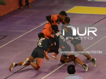Players in action during the Pro Kabaddi league match between Bengal Warriors and 
U Mumba in Kolkata, India on Friday , July 24, 2015.
 (