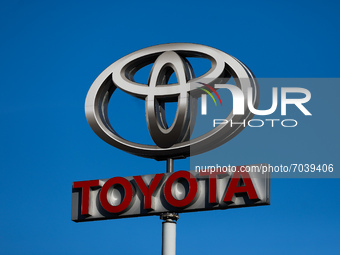 Toyota logo is seen near the car showroom in Krakow, Poland on September 6, 2021. (