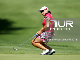Ha Na Jang of South Korea reacts after missing her shot on the 15th green during the second round of the Meijer LPGA Classic golf tournament...