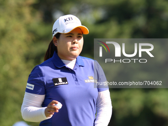  Inbee Park of Seoul, South Korea reacts after making her putt on the 8th green during the second round of the Meijer LPGA Classic golf tour...