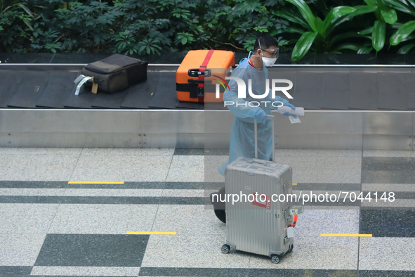 An airport worker wearing Personal Protective Equipment (PPE) collects a bag for a traveller arriving on flight SQ 325 from Frankfurt at Cha...