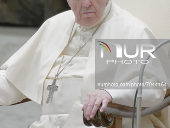 Pope Francis attends his weekly general audience, held in the Paul VI hall, at the Vatican, Wednesday, Sept. 8, 2021.  (