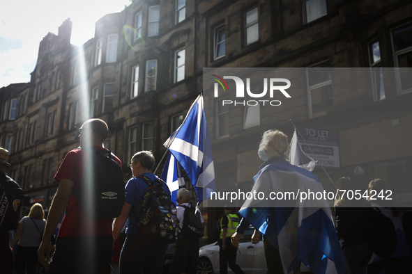Scottish independence supporters march through Stirling during an All Under One Banner march on September 11, 2021 in Stirling, Scotland. Th...