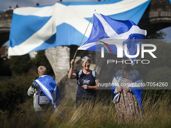 Scottish independence supporters march through Stirling during an All Under One Banner march on September 11, 2021 in Stirling, Scotland. Th...