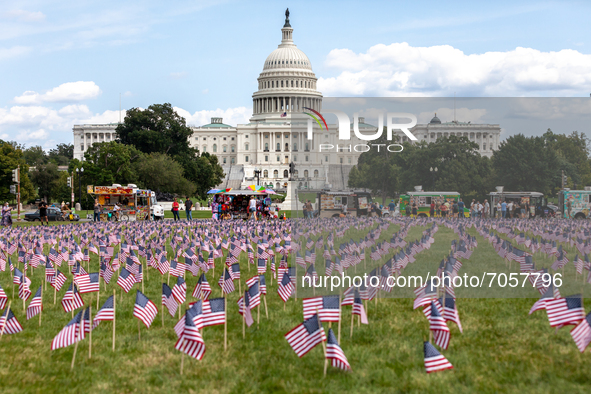 2,977 American flags decorate the National Mall at the Capitol, one for each victim of the September 11th World Trade Center attacks. 