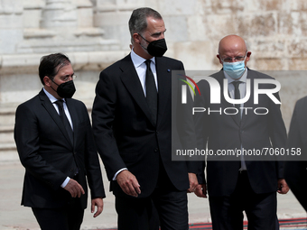 King Felipe VI of Spain (C ) leaves after the funeral ceremony for the late former Portuguese President Jorge Sampaio at Jeronimos Monastery...