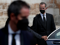 King Felipe VI of Spain (C ) leaves after the funeral ceremony for the late former Portuguese President Jorge Sampaio at Jeronimos Monastery...