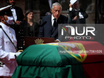 Portuguese President Marcelo Rebelo de Sousa delivers a speech during the funeral ceremony for the late former Portuguese President Jorge Sa...