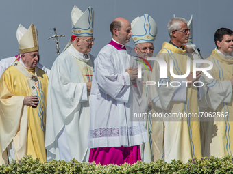 Pope Francis and cardinal Peter Erdő finish the closing mass on 52nd International Eucharistic Congress at 12. Sept. 2021, Budapest, Hungary...