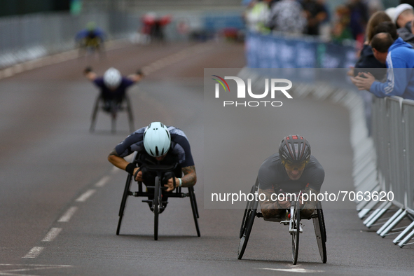 Elite Wheelchair athletes cross the Tyne Bridge during the BUPA Great North Run in Newcastle upon Tyne, England on Sunday 12th September 202...