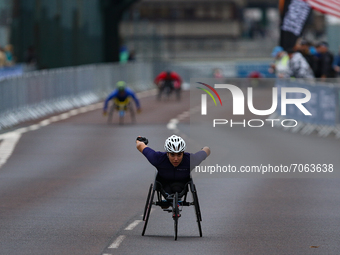 Elite Wheelchair athletes cross the Tyne Bridge during the BUPA Great North Run in Newcastle upon Tyne, England on Sunday 12th September 202...