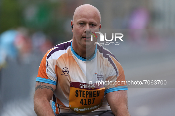 A Wheelchair athlete in action during the BUPA Great North Run in Newcastle upon Tyne, England on Sunday 12th September 2021.  