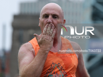 A runner blows a kiss during the BUPA Great North Run in Newcastle upon Tyne, England on Sunday 12th September 2021.  (