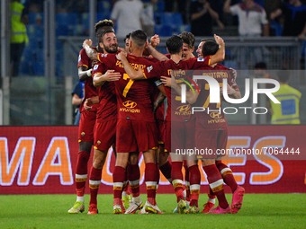 Bryan Cristante of AS Roma celebrates after scoring goal 1-0 in action during the  Italian Football Championship League A 2021/2022 match be...