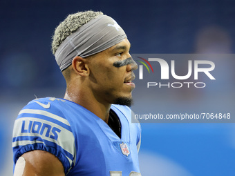 Detroit Lions wide receiver Amon-Ra St. Brown (14) walks off the field at the conclusion of an NFL football game between the Detroit Lions a...