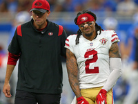 San Francisco 49ers defensive back Jason Verrett leaves the field after an injury during the second half of an NFL football game against the...