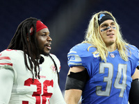 San Francisco 49ers defensive back Marcell Harris (36) and Detroit Lions middle linebacker Alex Anzalone (34) walk off the field at the conc...