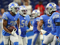 Detroit Lions cornerback Ifeatu Melifonwu (26) celebrates after a play during an NFL football game between the Detroit Lions and the San Fra...