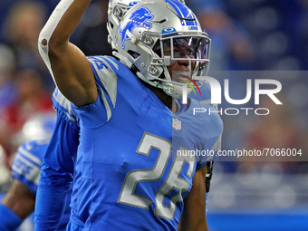 Detroit Lions cornerback Ifeatu Melifonwu (26) celebrates after a play during an NFL football game between the Detroit Lions and the San Fra...