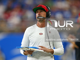 San Francisco 49ers head coach Kyle Shanahan follows the play during the second half of an NFL football game against the Detroit Lions in De...