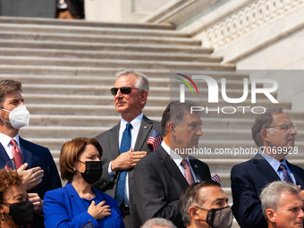 Senator Tommy Tuberville, Republican of Alabama and staunch Trump supporter, turns his back on the US Army Band quartet singing the national...