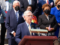 Senate Minority Leader Mitch McConnell (R-KY) speaks during a ceremony on the Capitol steps in remembrance of the victims of the September 1...