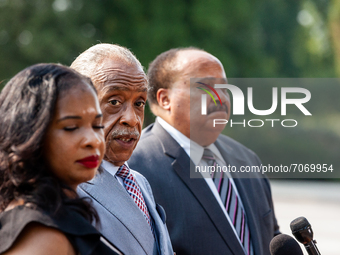 Voting rights leaders Rev. Al Sharpton, Arndrea Watters King, and Martin Luther King III hold a press conference after Senate Minority Leade...