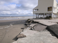 Damage to concrete from Hurricane Nicholas's powerful storm surge early Tuesday morning. September 14th, 2021, Galveston, Texas.  (
