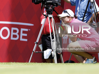 Caroline Masson of Germany lines up her putt on the 18th green during the final round of the Marathon LPGA Classic golf tournament at Blythe...