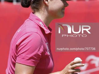 Caroline Masson of Germany acknowledges the gallery after making her putt on the 18th green during the final round of the Marathon LPGA Clas...