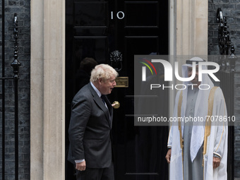 LONDON, UNITED KINGDOM - SEPTEMBER 16, 2021: British Prime Minister Boris Johnson (L) welcomes Sheikh Mohammed bin Zayed Al Nahyan (R), the...