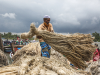 Workers load jute on a boat in the bank of Padma River at a rural market in Munshigonj on September 17, 2021.  (