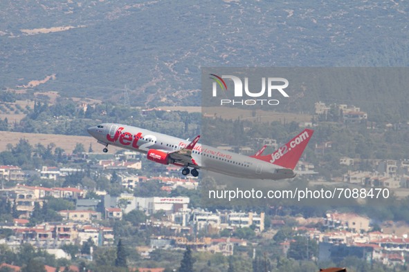 Jet2 Boeing 737-800 aircraft as seen departing and flying from the Greek airport of Thessaloniki International, Makedonia SKG LGTS. Jet2.com...
