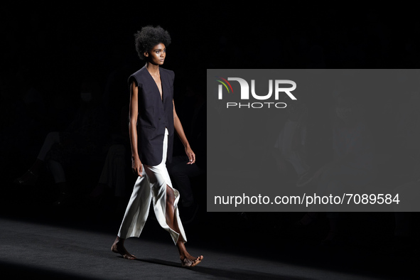 A model walks the runway at the Otrura fashion show during Mercedes Benz Fashion Week Madrid September 2021 at IFEMA  on September 18, 2021...
