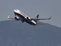 Ryanair low cost carrier Boeing 737-800 aircraft as seen departing and flying from the Greek city of Thessaloniki, from Makedonia Internatio...