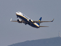 Ryanair low cost carrier Boeing 737-800 aircraft as seen departing and flying from the Greek city of Thessaloniki, from Makedonia Internatio...