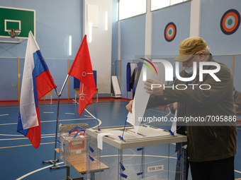 A man at a polling station during voting in the State Duma of the Russian Federation in St. Petersburg. Saint Petersburg, Russia, September...