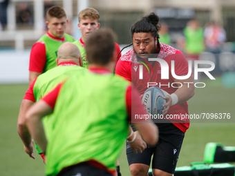  Logovi'I Mulipola of Newcastle Falcons  on the occasion of his 50th start for his team is pictured during the warm up for the Gallagher Pre...