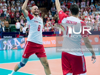 Wilfredo Leon (POL),Fabian Drzyzga (POL) during the CEV Eurovolley 2021 match between Poland v Serbia, in Katowice, Poland, on September 19,...