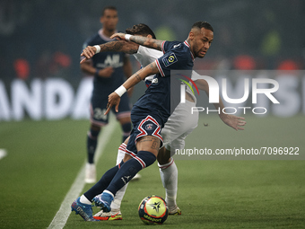 Neymar of PSG in action during the Ligue 1 Uber Eats match between Paris Saint Germain and Lyon at Parc des Princes on September 19, 2021 in...