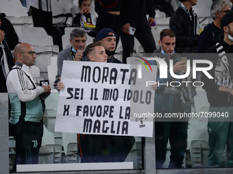 Juventus supporter shows a banner for Alvaro Morata during the Serie A match between Juventus FC and AC Milan at Allianz Stadium, in Turin,...