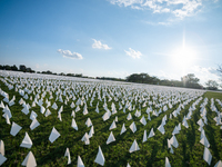 Over 670,000 White flags representing those killed by COVID-19 In America: Remember Memorial cover the National Mall around the Washington M...