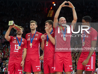 Michal Kubiak (POL),Piotr Nowakowski (POL),Lukasz Kaczmarek (POL),Bartosz Kurek (POL),Wilfredo Leon (POL) during the Medal ceremony for the...