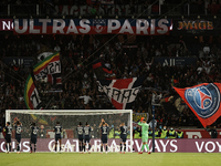 PSG players celebrate victory with his supporters after the Ligue 1 Uber Eats match between Paris Saint Germain and Lyon at Parc des Princes...